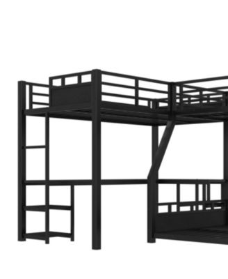 L-Shaped Metal Bunk Bed with Twin Loft, Desk, Storage, and Slide (Black)
