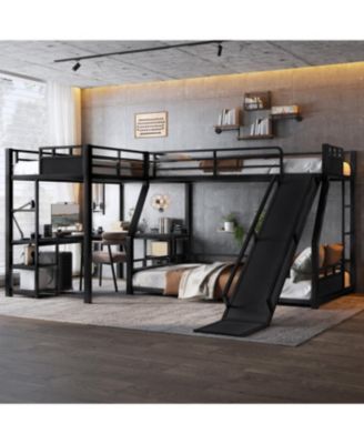 L-Shaped Metal Bunk Bed with Twin Loft, Desk, Storage, and Slide (Black)