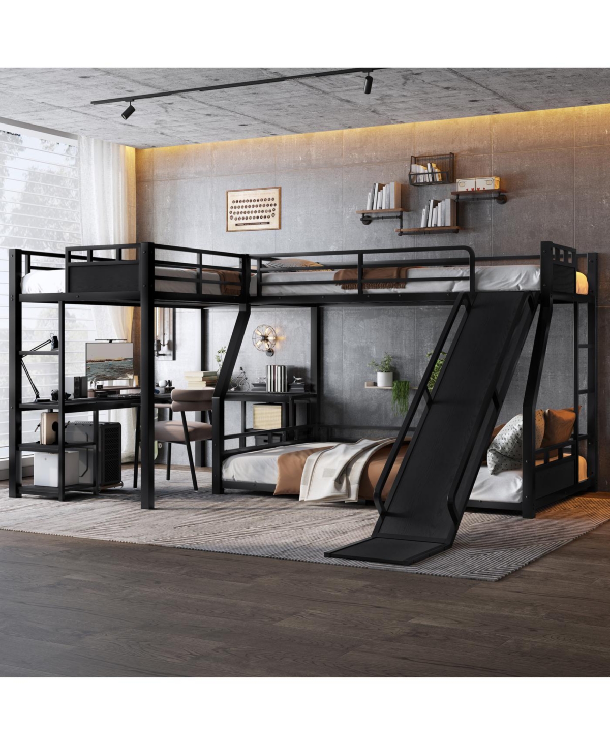 Streamdale Furniture L-Shaped Metal Bunk Bed with Twin Loft, Desk, Storage, and Slide (Black)