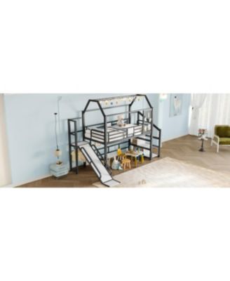 Streamdale Twin Loft Bed with Slide, Stairs, Storage & House Roof - Black