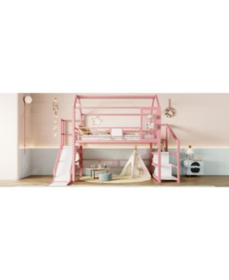  Full House Loft Bed with Slide, Stairs, Storage, Pink