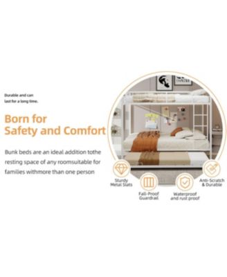 Durable Square Tube Iron Bunk Bed with Safety Rails - Queen Size