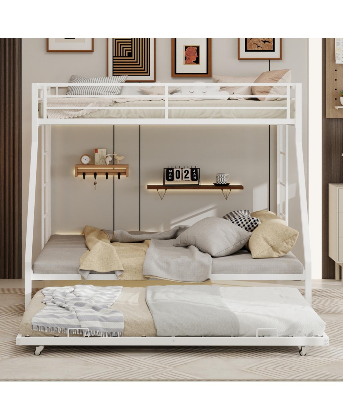 Streamdale Furniture High-Stability Square Tube Bunk Bed with Ladder & Trundle - White