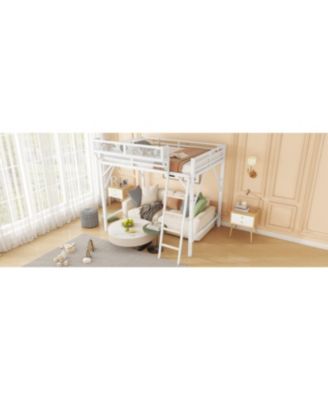  Queen Size Loft Bed with Ladder and Storage Shelves, White