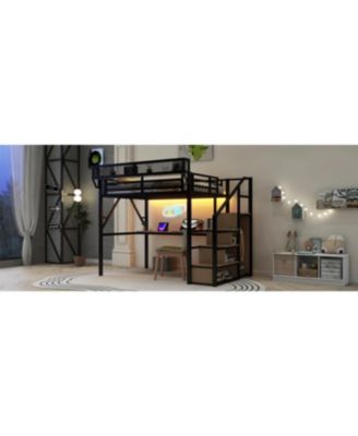 Full Loft Bed with Desk, Charging Station & Stairs - Black