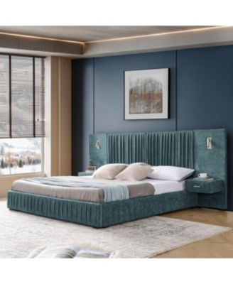 Size Upholstered Bed Frame with Chenille, Pleated Design, No Box Spring Needed-Blue-Green
