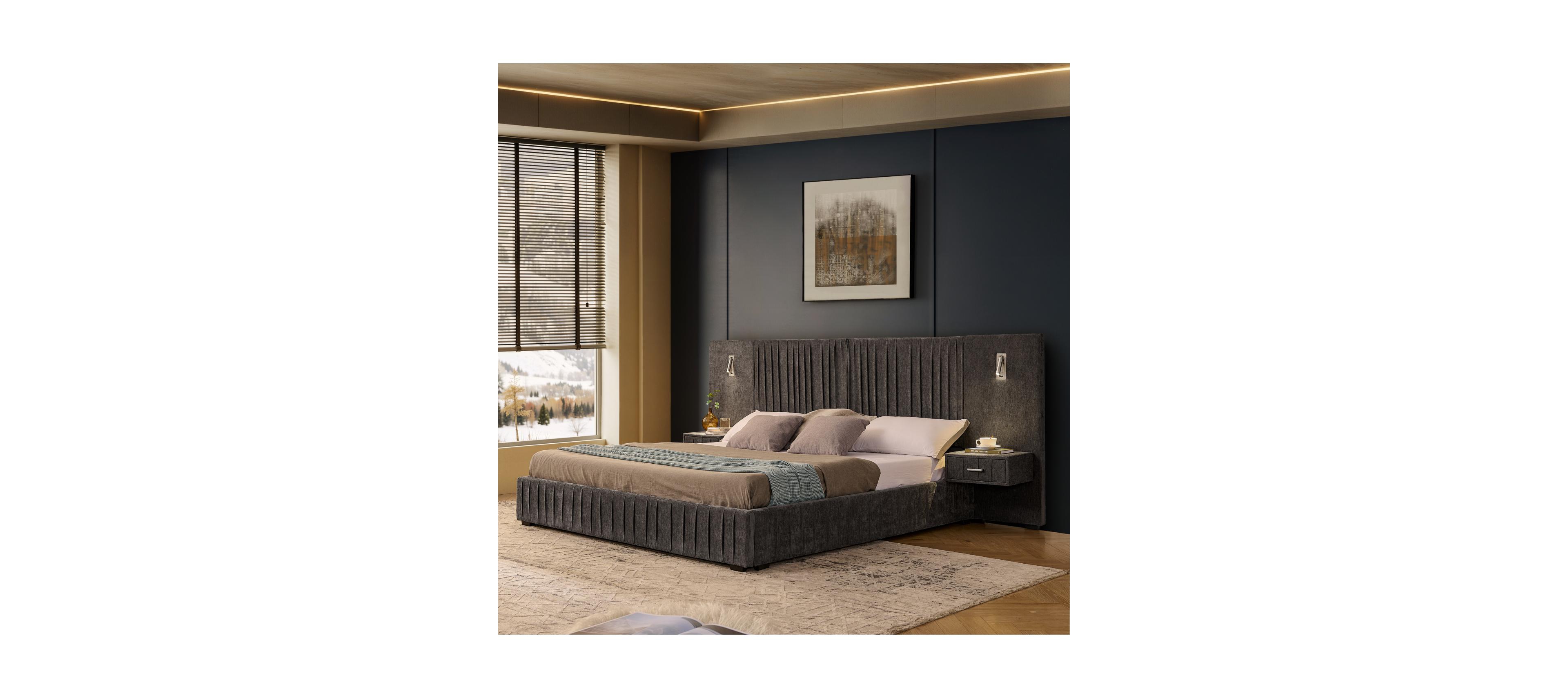 Streamdale Furniture King Size Upholstered Bed Frame with Chenille, Pleated Design, No Box Spring - Dark Grey