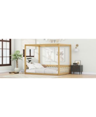 Full Size Canopy Frame Rubber Wood Floor Bed with Fence, Guardrails