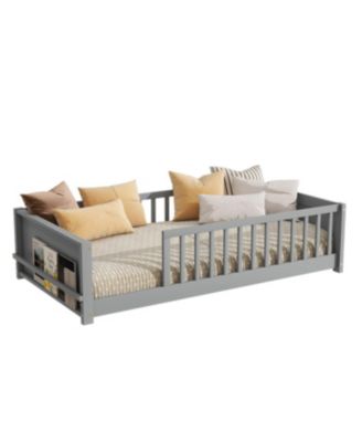Streamdale Twin size Floor Platform Bed with Built-in Book Rack, Grey