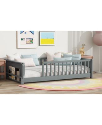 Twin Size Floor Bed with Built-in Book Rack and Door, Grey