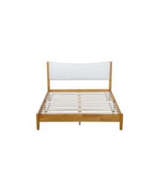 Queen Size Solid Rubber Wood Bed with Boucle Headboard, Beech White