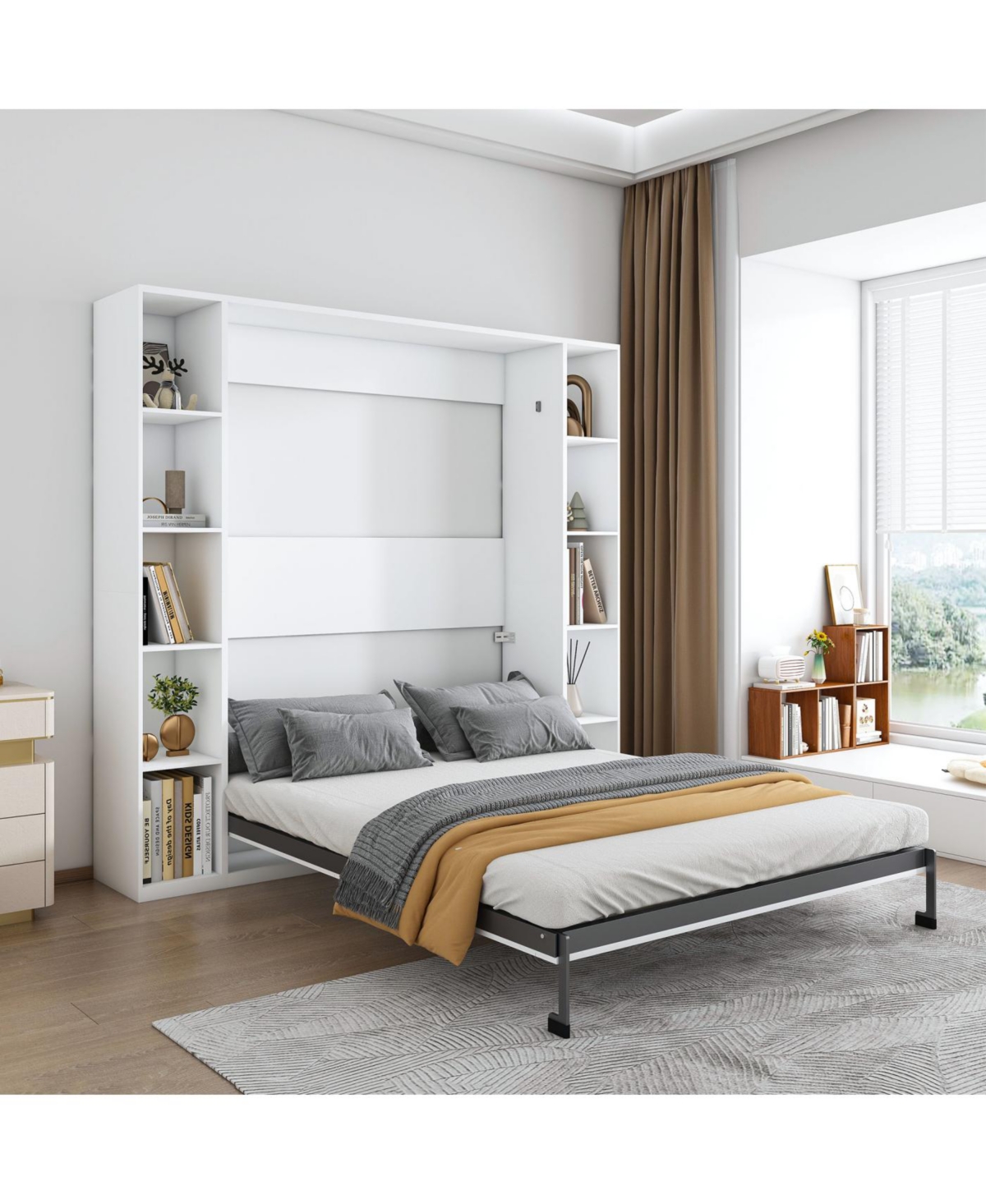 Streamdale Furniture Streamdale Queen Murphy bed, foldable wall bed with storage cabinet, white