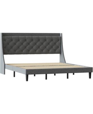 Upholstered Bed Frame with Deep Button Tufted Headboard, Wood Slats, Storage Shelf & Charging Station
