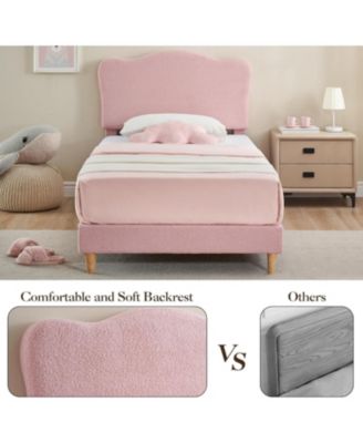 Bed Frame for Kids, Upholstered Platform Bed with Cute Boucle Velvet Headboard for Girls, No Box Spring Needed, Easy Assembly