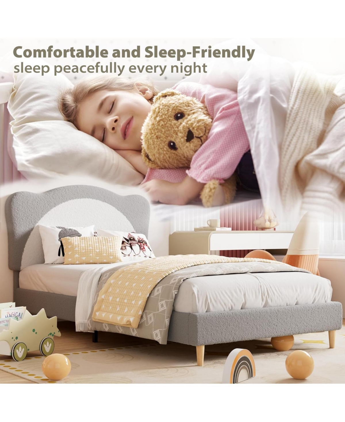 Gaomon Adjustable Scallop Headboard Velvet Upholstered Platform Bed Frame for Kids with Solid Wood Slats Support