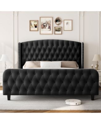 Bed Frame with Deep Button Tufted Wingback Headboard and Footboard, Velvet Upholstered Platform Frame, No Box Spring, Easy Assembly
