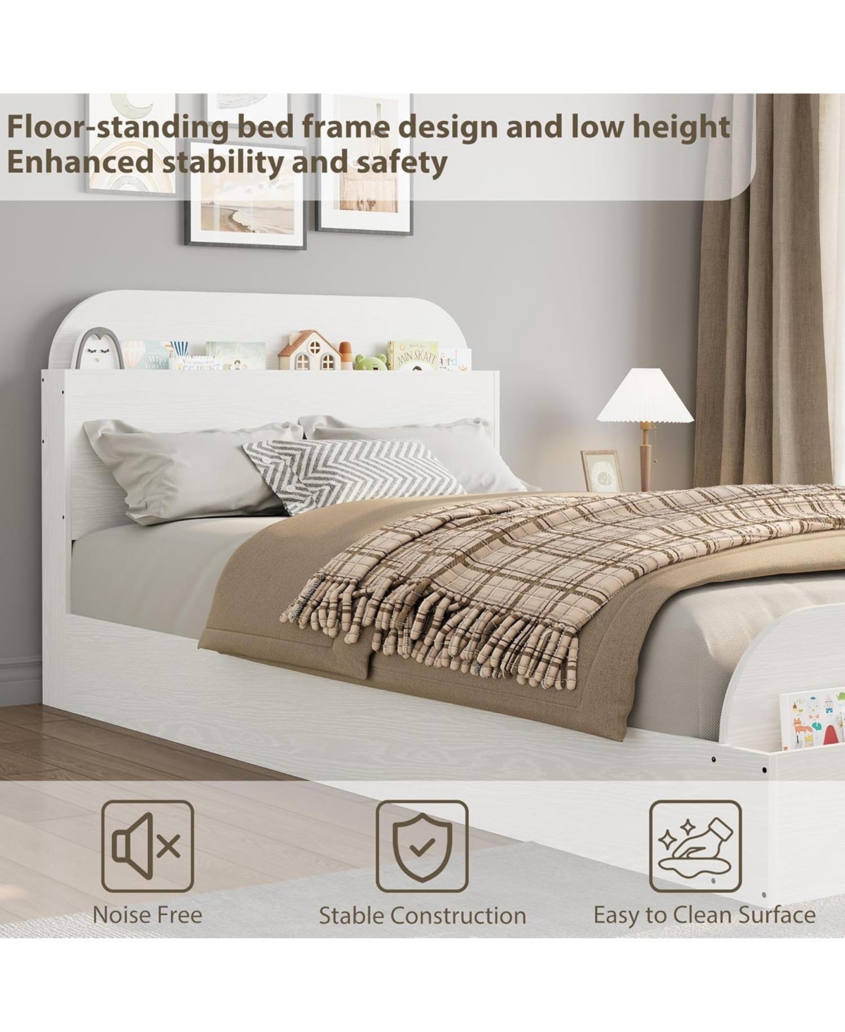 gaomon Twin Size Bed Frame, Wooden Storage Headboard, Low Platform, No Box Spring Needed, Sturdy Slats