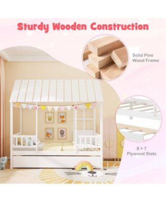 Twin Size House Bed w/ Trundle Roof Window & Safety Guardrails Slats Support