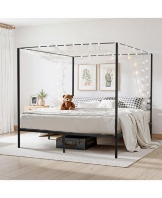 Metal Canopy Bed with Charging Station and Four Poster Frame