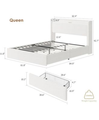 Queen Size Boucle LED Bed Frame with 4 Storage Drawers, Storage Headboard, Charging Station, USB Ports