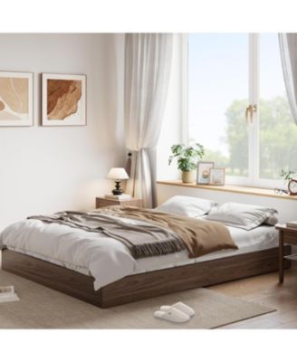 Twin Size Floor-Standing Minimalist, Sturdy Wooden Slats, No Box Spring, Walnut Solid Wood Platform Bed