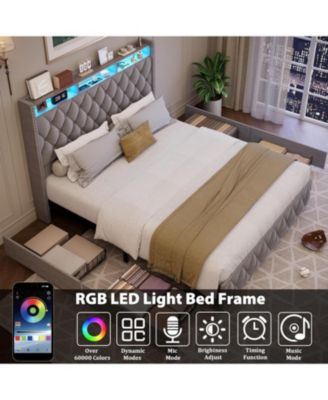 King Size Velvet Bed Frame with 51" Tall Headboard, 4 Storage Drawers, USB, LED Lights