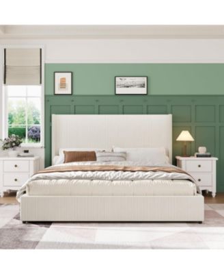 King Size Upholstered Platform Bed Frame with Storage Drawers, Corduroy Wingback Tufted Headboard & Footboard, Beige