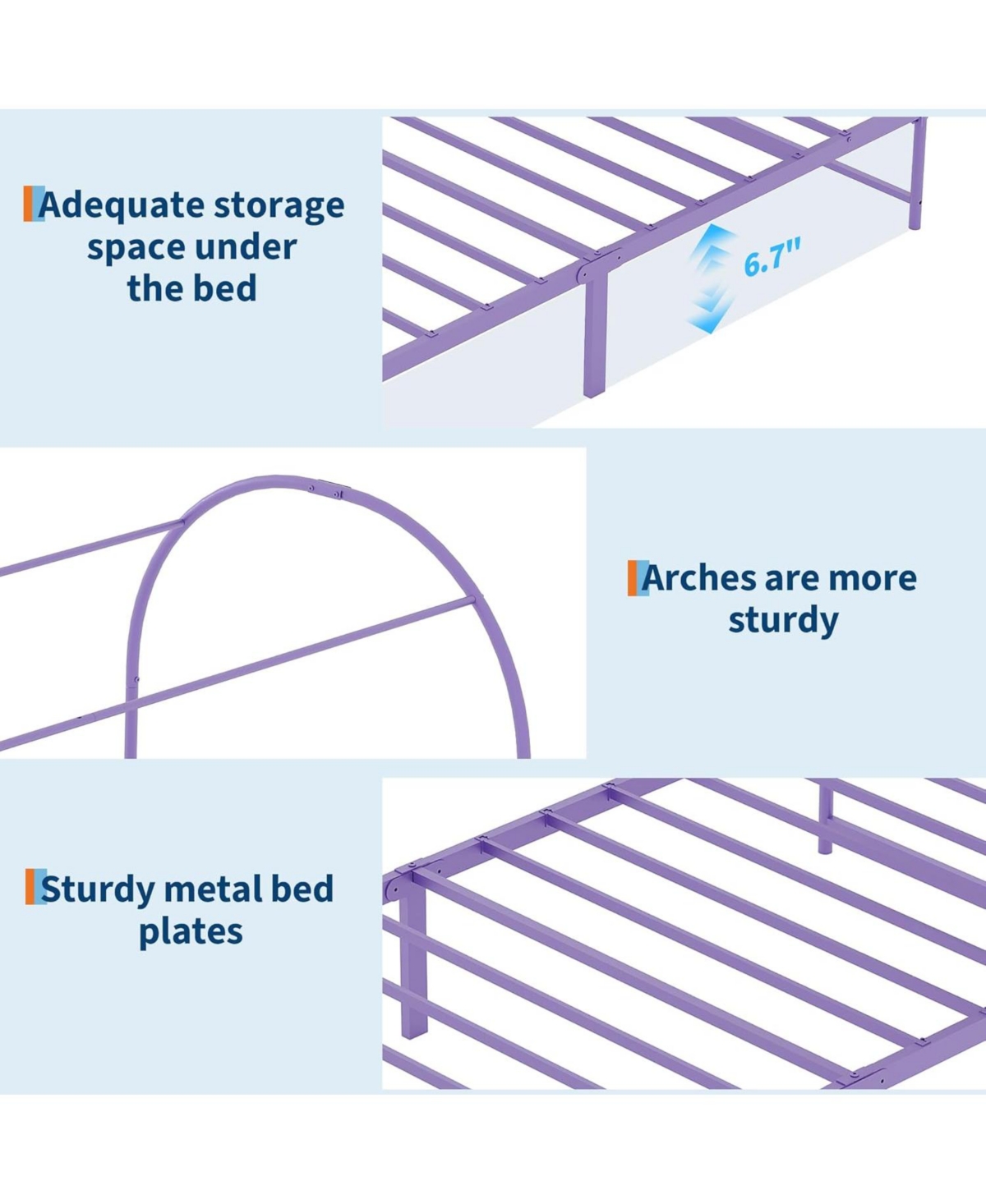 Twin Size Canopy Bed Frame with Upholstered Headboard, Underbed Storage, Decorative Arched Metal, Purple