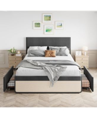 Queen Upholstered Bed Frame with Headboard Storage Platform 2 Drawers Footboard Steel Slats No Box Spring