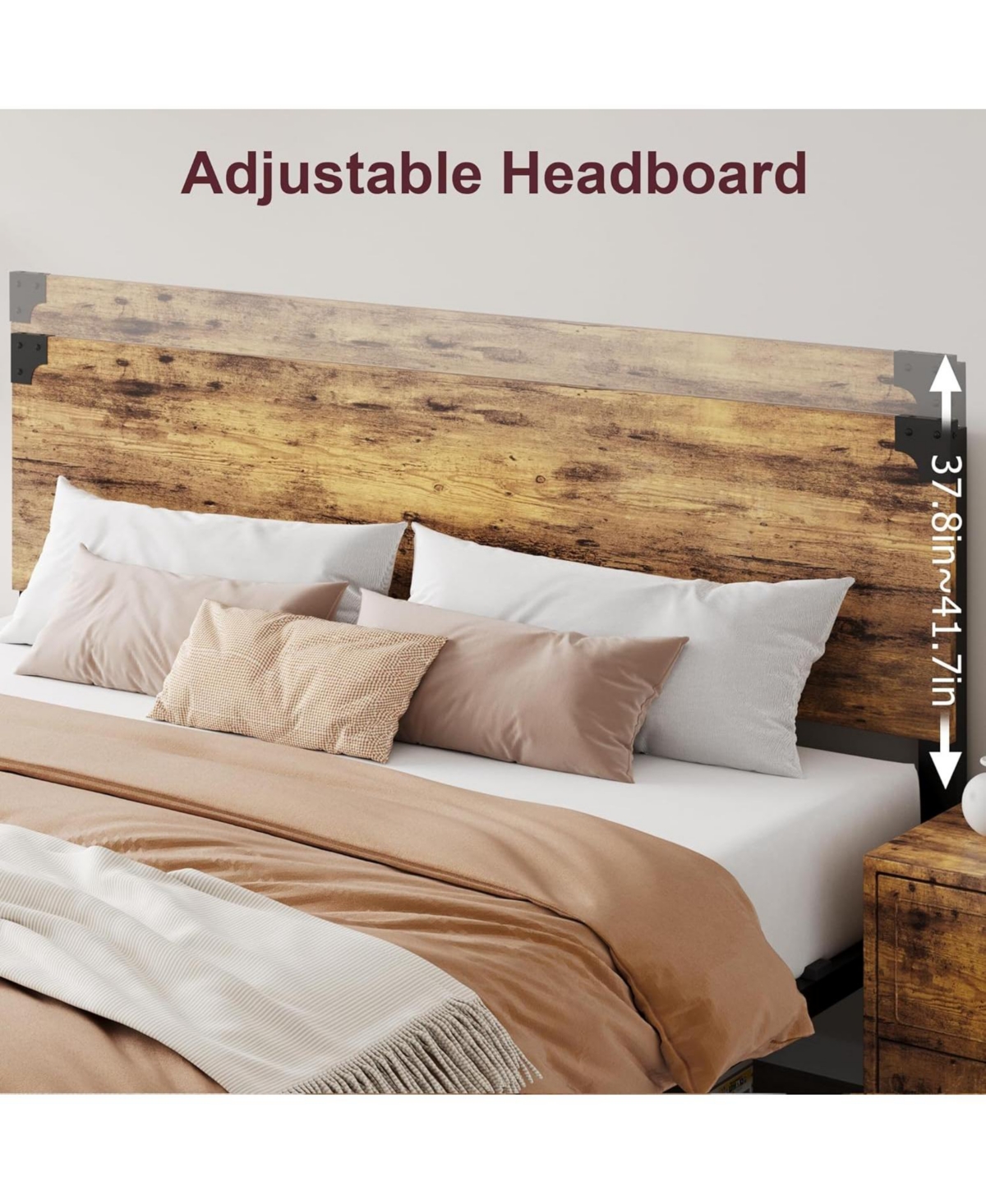 Gaomon King Size Bed Frame with Wooden Headboard Platform Design Underbed Storage Metal Legs Rustic Brown