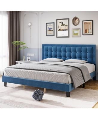 King Size Square Platform Bed Frame Blue Metal Design Wood Slat Support No Box Spring