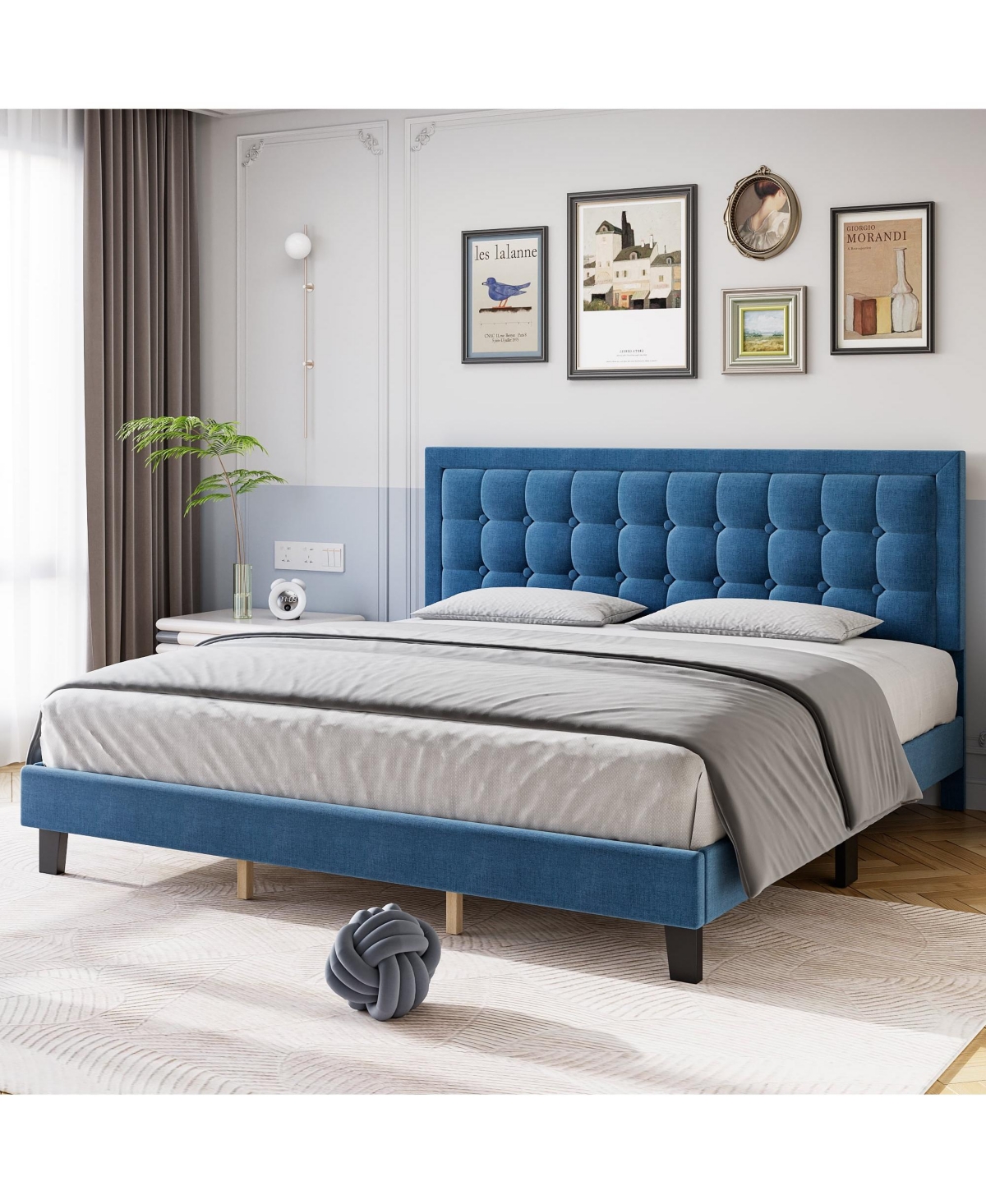 gaomon King Size Square Platform Bed Frame Blue Metal Design Wood Slat Support No Box Spring