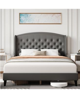 King Size Upholstered Platform Bed Frame Wingback Headboard Button Tufted Wood Slats Easy Assembly Gray