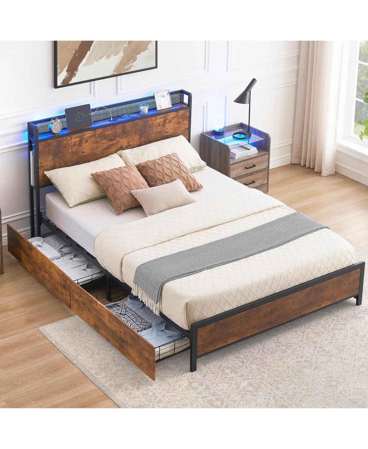 gaomon Full Bed Frame with Storage Headboard 4 Drawers Led Lights Charging Station Strong Slats No Box Spring