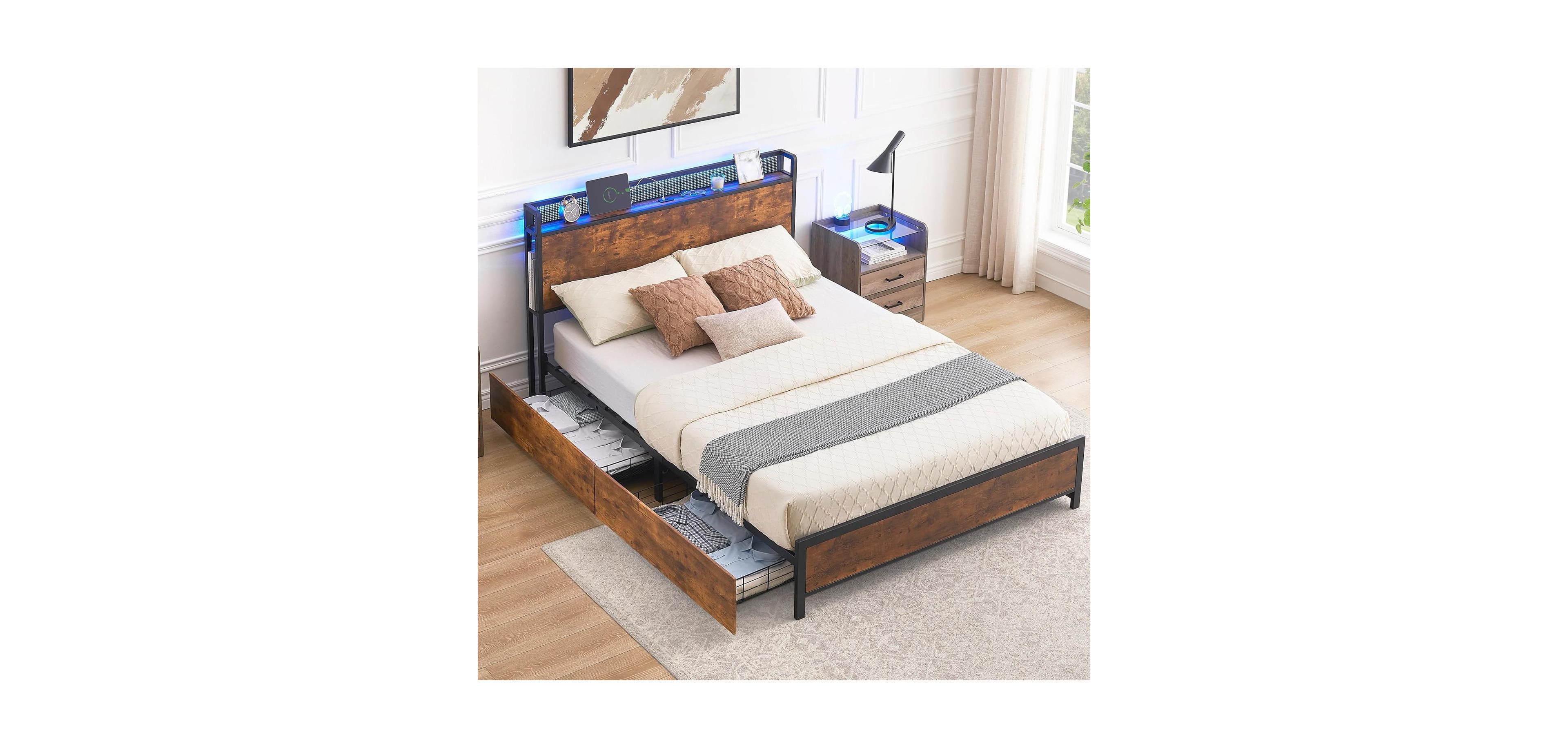 gaomon Full Bed Frame with Storage Headboard 4 Drawers Led Lights Charging Station Strong Slats No Box Spring