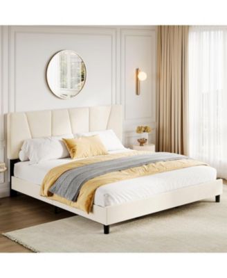King Bed Frame with Adjustable Linen Upholstered Diagonal Channel Tufted Headboard Wooden Slats Box Spring Optional Beige