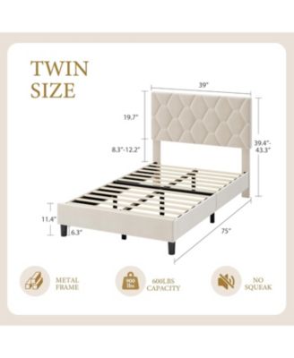 Twin XL Bed Frame Beige Upholstered Headboard Heavy Duty Platform Strong Wood Slats No Box Spring Noise Free