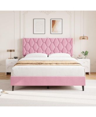 Queen Bed Frame  Upholstered Headboard Heavy Duty Platform Strong Wood Slats No Box Spring Noise Free