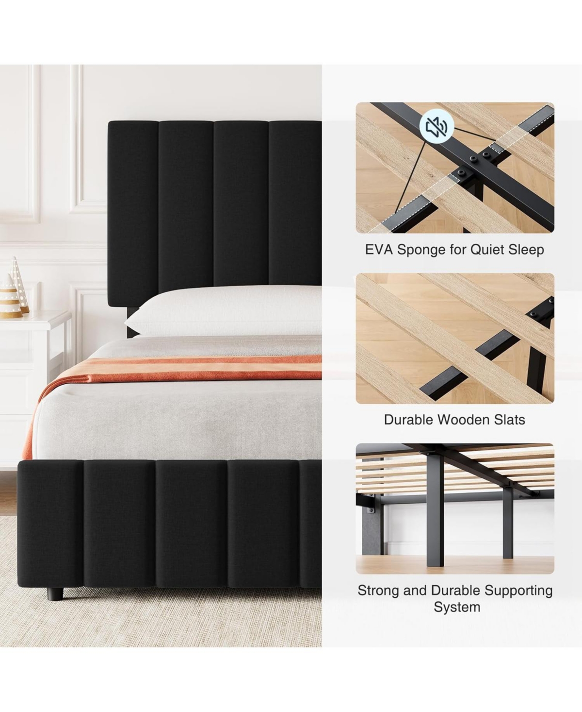 gaomon Full Linen Upholstered Platform Bed Frame 4 Storage Drawers Adjustable Headboard Wooden Slats Black