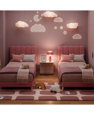 Twin Bed Frame Boucle Upholstered Wave Headboard Girls Kids Wooden Slats No Box Spring Light Pink