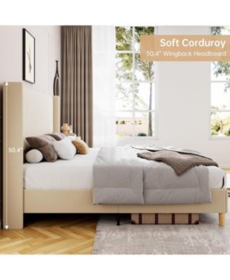 Queen Size Corduroy Upholstered Bed Frame 51in Tall Wingback Headboard Platform Wooden Slats Noise Free No Box Spring