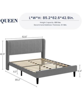 Queen Size Upholstered Bed Frame with Wingback Headboard Velvet Platform No Box Spring Needed Durable Wood Slats Light Grey