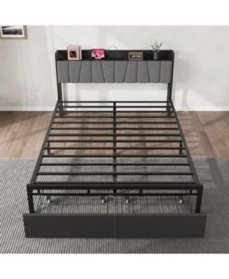 Queen Size Black Platform Bed Frame Metal+PB Board Upholstered Two Mesh Drawers Charging Station Metal Slats No Box Spring