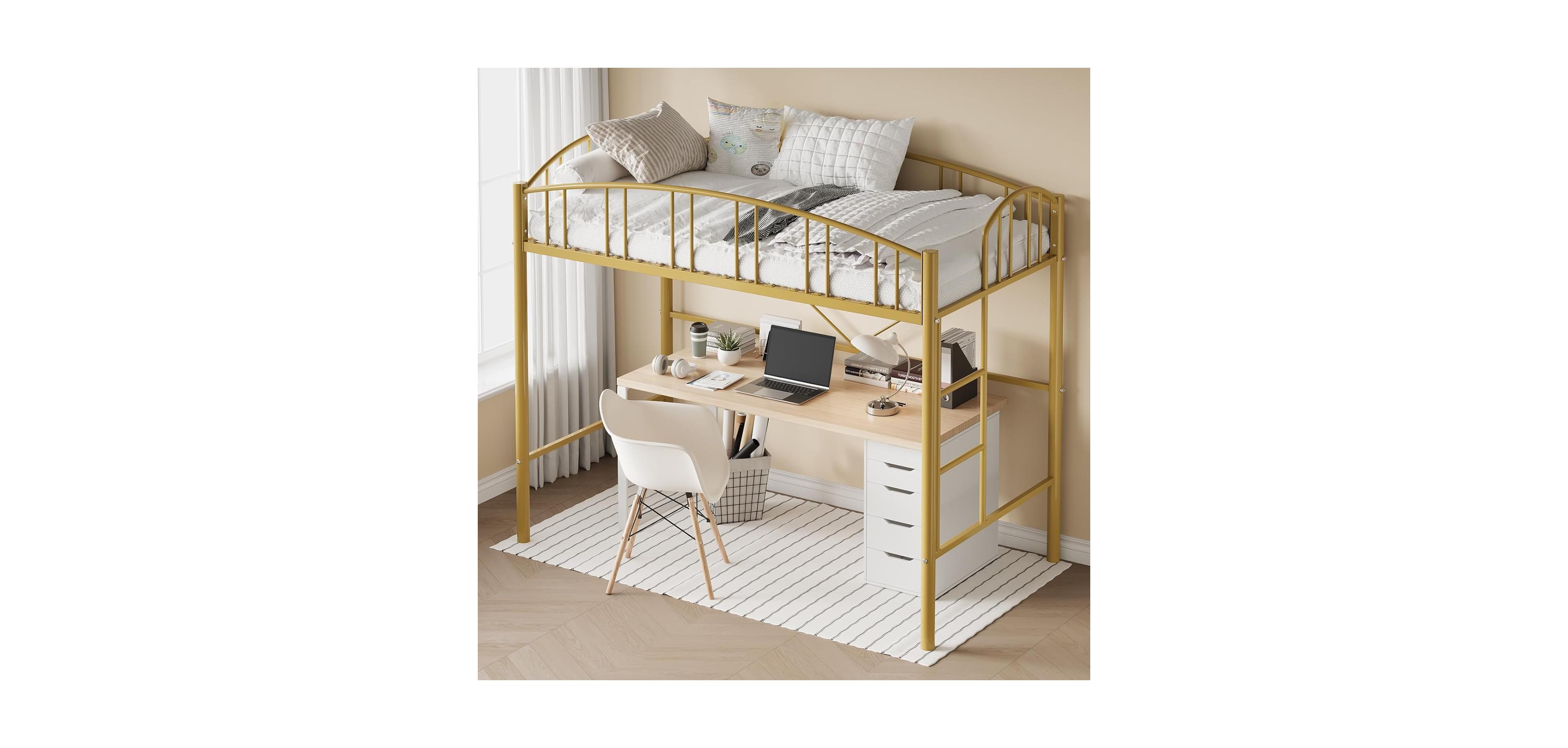 Gaomon Twin Size Loft Bed Heavy Duty Metal Frame Arched Guardrail Safety Ladder Space-Saving Modern