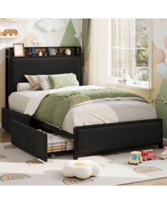 Twin Size Black Linen Upholstered Platform Bed Frame 2 Storage Drawers Charging Station Storage Headboard Heavy Duty