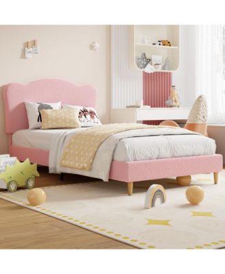 Full Size Bed Frame for Kids with Scallop Headboard, Cute Velvet Twin Bed for Girls, Boys, Sturdy Platform Bed