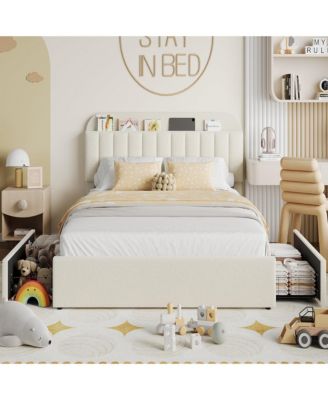 Twin Bed Frame with Storage Headboard, Girls Bed Frame with 2 Drawers
