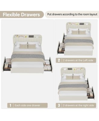 Queen Bed Frame with Storage Headboard, Girls Bed Frame with 2 Drawers