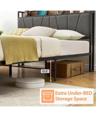 Queen Size Bed Frame with 2 Storage Drawers and Charging Station, Rustic Linen Upholstered Platform Bedframe