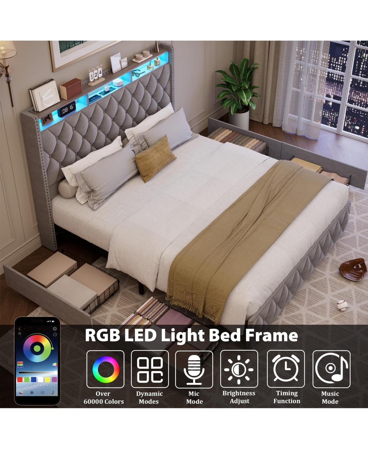 Gaomon King Bed Frame with 50.8" Tall Headboard, Platform Velvet Upholstered Bed Frame with 4 Storage Drawers